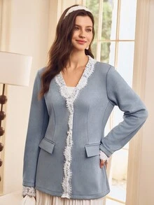 SHEIN Clasi Áo khoác len cardigan cổ chữ V thêu ren dành cho nữ, phong cách tối giản thanh lịch, phù hợp cho Halloween, Lễ Tạ ơn, Năm mới, Thu/Đông - Màu xanh bụi bặm - Xem 1