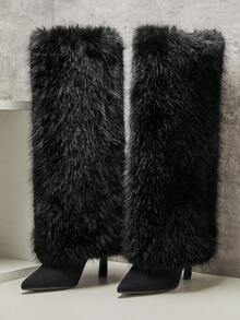 SHUZIA 女士迷人仿皮草及膝侧拉链性感细高跟靴 - 黑色 - 查看 5