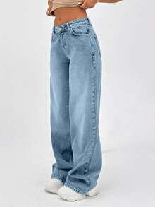 SHEIN Tall 100% Cotton LOW RISE WIDELEG CUT VINTAGE WASH Y2K BAGGY JEANS TALL - Baby Blue - View 5