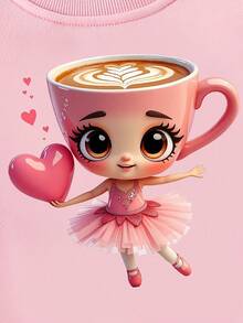 SHEIN Girls Casual Fashionable Creative Cartoon Cup Ballet Girl Heart Graphic Print Basic Crew Neck Sweatshirt Ballerina Sweatshirt Pink Sweatshirt For Girls Graphic Sweatshirt For Kids Girls Sweatshirts For Kids Fall Winter
