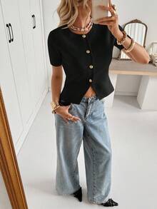 Siren Gaze Casual Solid Color Slim Fit Short Sleeve Button-Up Cardigan For Women,Fall Black Summer - Black - View 4