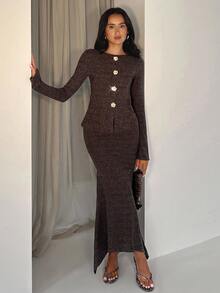 Glamine 简约优雅棕色圆领开衫，带金属纽扣，女式长袖针织上衣，修身美人鱼下摆蓬松针织长裙 2 件套，适合姐妹聚会、正式晚宴和派对服装，秋季，女式秋季服装，冬季，女式冬季毛衣，冬季套装，万圣节，女式万圣节服装，圣诞节，圣诞毛衣，沙特国庆节，婚礼，棕色，优雅，别致，乡村，针织长袖上衣，不对称女式裙子巧克力棕色连衣裙棕色紧身连衣裙 - 棕色 - 查看 6