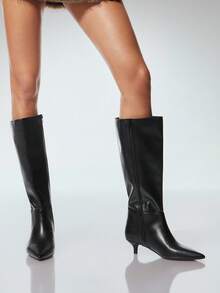 SHUZIA Women's Glamorous Sexy Pointed Toe Kitten Heel Knee-High Boots - Black - View 4