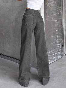 SHEIN Tall HÖG MIDJA100% Bomull Upprullade Jeans med Vida Ben - Ljusgrå - Visa 2