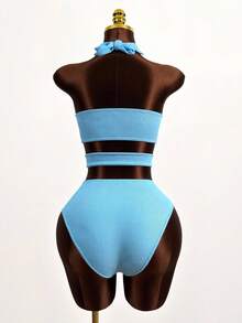 Zestiva 1pc Solid Color Ring Decor Hollow Neck One-Piece Swimsuit, One-Piece Bathing Suit For Summer Beach Vacation - Baby Blue - View 2