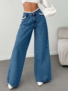 EURMUSE WOMEN DENIM WIDE LEG MID WAIST LACE BELT DETAIL JEANS - Blue - View 4