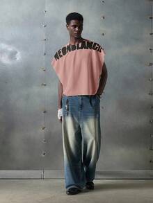 NEON BLANC Men's Street Style White Knitted Round Neck Letter Print Knit Tank Top, Suitable For Summer - Pink - View 1