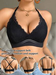 SHEIN 1pc Women's Lace Patchwork Wireless Bra - Black - View 1