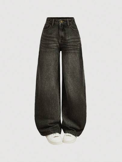 SHEIN Girlism Y2k 复古宽松牛仔裤阔腿牛仔裤原宿韩流街头风长裤复古 2000 年代风格少女春季女童秋装返校装