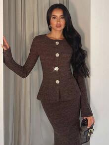 Glamine 简约优雅棕色圆领开衫，带金属纽扣，女式长袖针织上衣，修身美人鱼下摆蓬松针织长裙 2 件套，适合姐妹聚会、正式晚宴和派对服装，秋季，女式秋季服装，冬季，女式冬季毛衣，冬季套装，万圣节，女式万圣节服装，圣诞节，圣诞毛衣，沙特国庆节，婚礼，棕色，优雅，别致，乡村，针织长袖上衣，不对称女式裙子巧克力棕色连衣裙棕色紧身连衣裙 - 棕色 - 查看 3