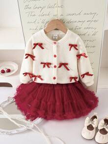 SHEIN Playful Pals 2 Pieces Baby Girls Outfit: Apricot Long Sleeve Cardigan With Bow Decor Top + Burgundy Tulle Cake Skirt, Set For Autumn/Winter Fall - Burgundy - View 3