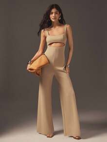 Hauture 净色无袖镂空阔腿连体裤 - 駝色 - 查看 1