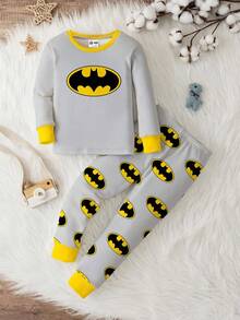 BATMAN X SHEIN Áo thun dài tay cổ tròn đơn giản họa tiết logo cổ điển cho bé trai, màu sắc tương phản, in họa tiết, thoải mái, vừa vặn, thích hợp mặc vào mùa thu đông, thích hợp cho người hâm mộ DC, thích hợp mặc ở nhà, đồ ngủ khi trở lại trường - Nhiều màu - Xem 2