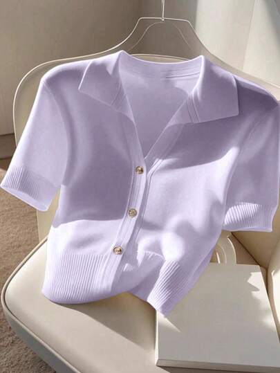 Franclia New Summer Soft Korean Style Casual & Commute Versatile Polo Collar Knit Top For Women Knitted Sweater Clothes For University