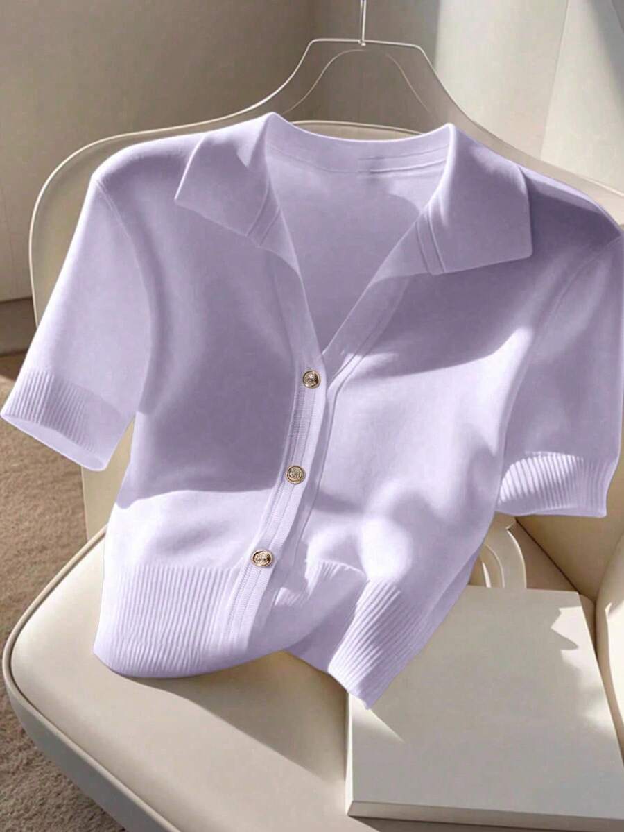 Franclia Áo len cổ polo mềm mại phong cách Hàn Quốc mới, dễ mặc và đi làm, đa năng cho nữ, quần áo len dệt kim cho trường đại học - Màu tím hoa cà - Xem 1