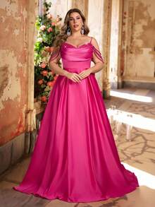 Glamrae 优雅迷人的玫瑰红色露肩珍珠链装饰系腰全裙舞会礼服，大码正式晚礼服（重刺绣） - 玫紅色 - 查看 3