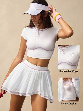 VARSITIE Workout Women Sets Women's Contrast Trim Cropped Top And Pleated Mini Skirt Shorts Sports Suit White Two Piece Outfit Tennis Skirt Set