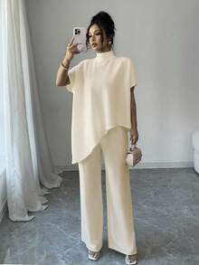 Elenzga Conjunto de 2 piezas para mujer con blusa de cuello asimétrico y pantalón largo