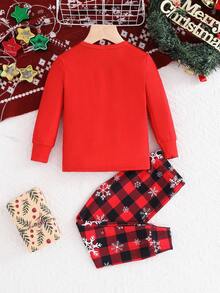 SHEIN Young Girl Christmas Gingerbread Man, Snowman, Santa Graphic Soft Cozy Thermal Lined Long Sleeve Top And Pants Snug Fit Loungewear, Suitable For Autumn/Winter - Red - View 2