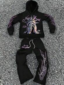 Manfinity EMRG Men's Statue Of Liberty & Letter Graphic City Street Style Sweatpants & Hoodie 2 Pieces Set - Black - View 1