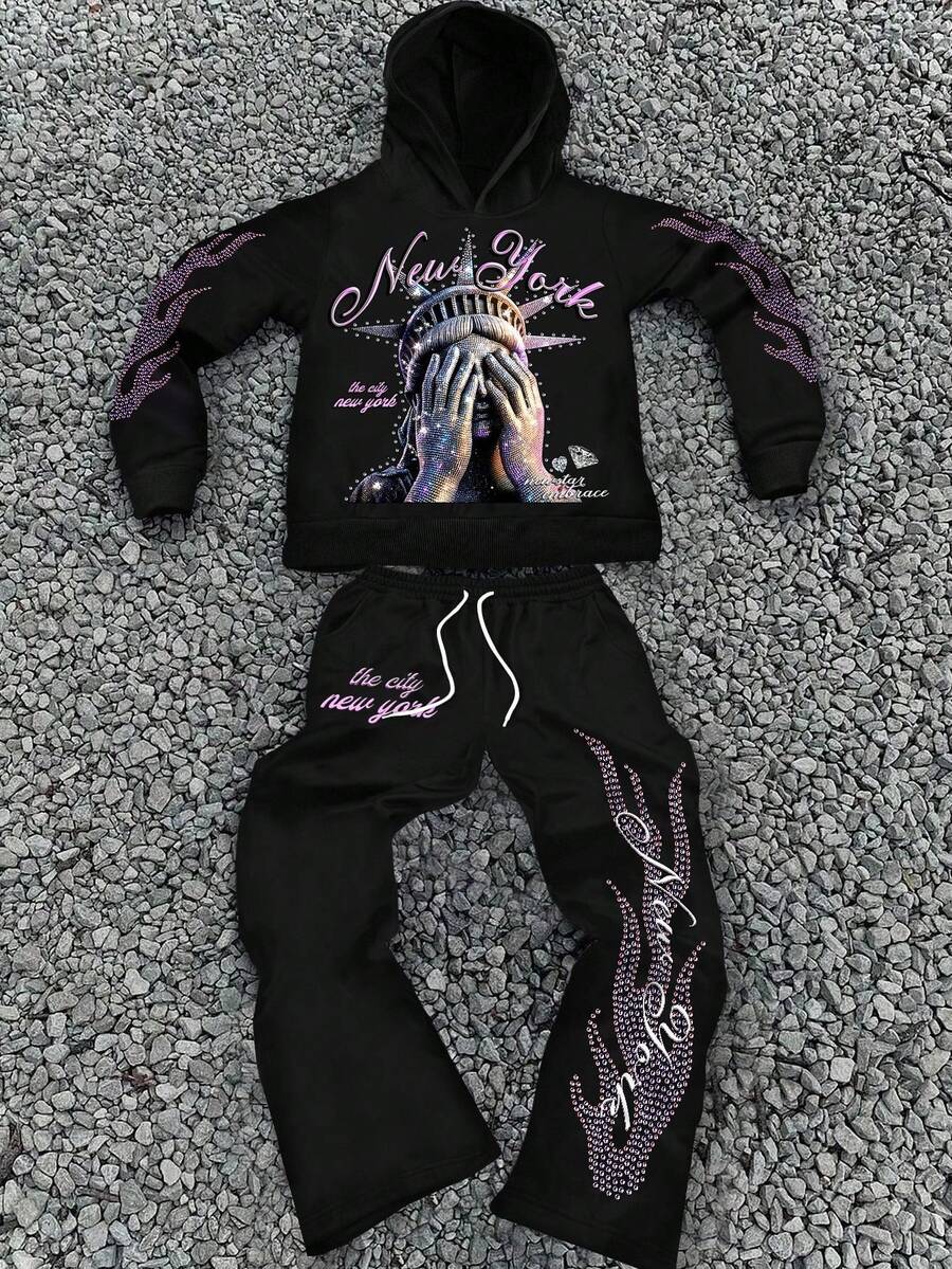 Manfinity EMRG Men's Statue Of Liberty & Letter Graphic City Street Style Sweatpants & Hoodie 2 Pieces Set - Black - View 1