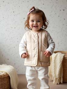 SHEIN 女婴休闲百搭可爱加厚背心外套和帽子套装，适合冬季日常穿着