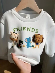 SHEIN 男婴可爱动物图案保暖圆领卫衣，舒适百搭休闲基础款套头衫，适合室内、室外、日常穿着、运动、玩耍、聚会、秋冬季节度假穿着。这款男婴动物图案卫衣长袖印花上衣是秋季男婴的理想之选。