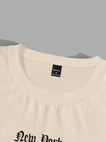 Manfinity Joysei 男士休闲字母印花短袖T恤，夏季 - 卡其色 - 查看 5