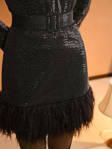 MOTF PREMIUM SEQUINS CONTRAST FUZZY HEM PLUNGING NECK BUCKLE BELTED SHORT DRESS FOR PARTY