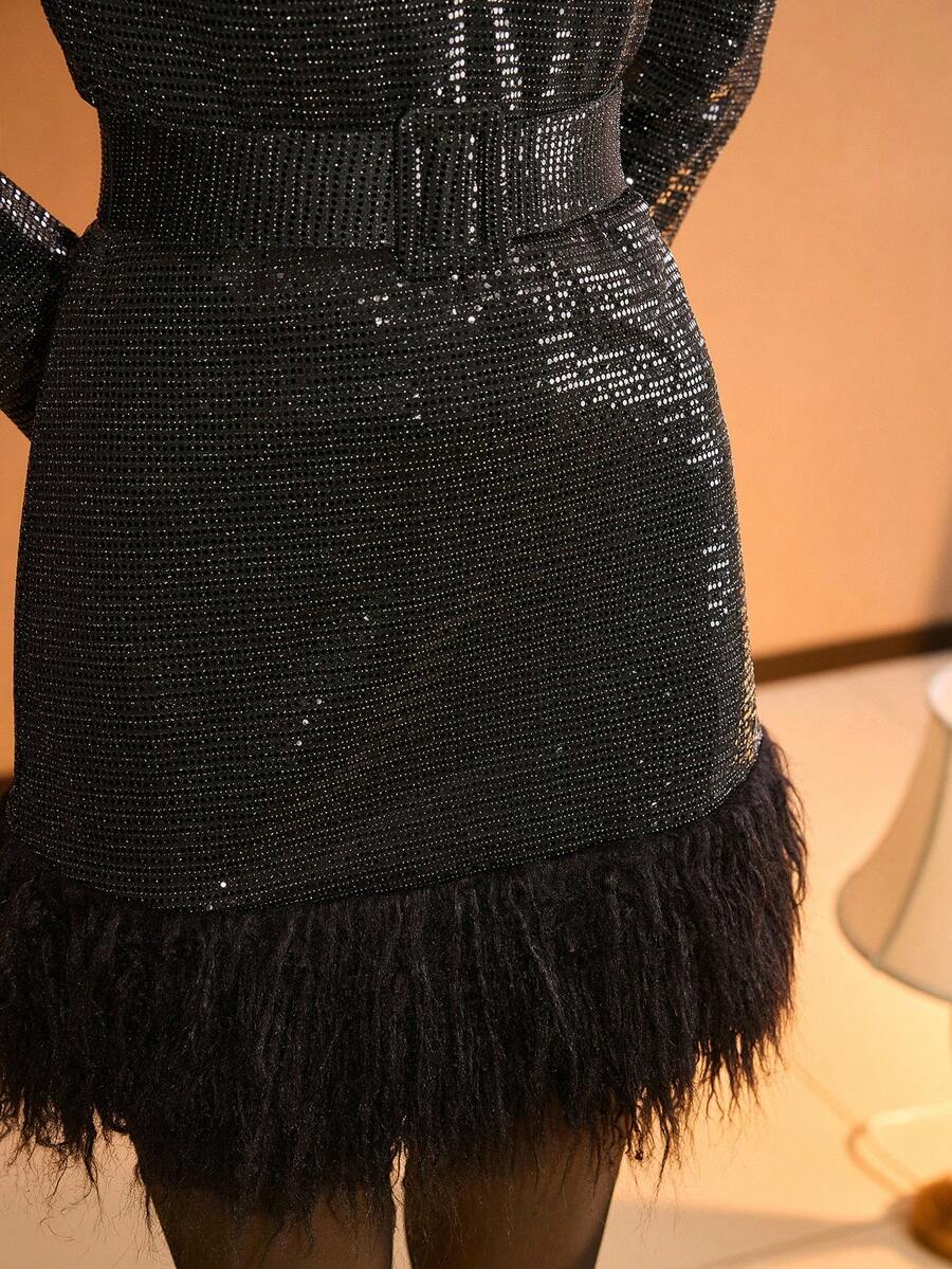 MOTF PREMIUM SEQUINS CONTRAST FUZZY HEM PLUNGING NECK BUCKLE BELTED SHORT DRESS FOR PARTY