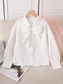 SHEIN Girls' Casual White Shirt, Commuting Leisure Solid Color Lapel Single-Breasted Ruffle Bow Button Practical Regular Blouse Fall Winter - White - View 4