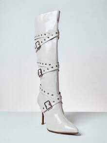 SHUZIA 女式带扣及膝性感尖头细高跟靴 - 米色 - 查看 2