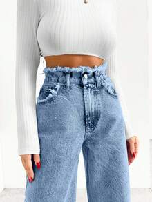 EURMUSE HIGH RISE WIDELEG JEAN WITH FRAYED POCKET - Baby Blue - View 5