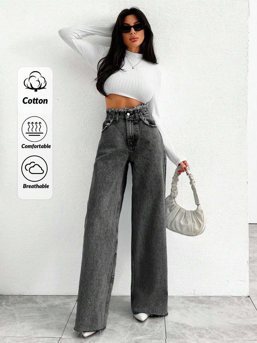 EURMUSE HIGH RISE WIDELEG JEAN WITH FRAYED POCKET - Light Grey - View 1