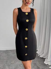 INAWLY Women Elegant Metal Decorative Sleeveless Mini Dress - Black - View 1