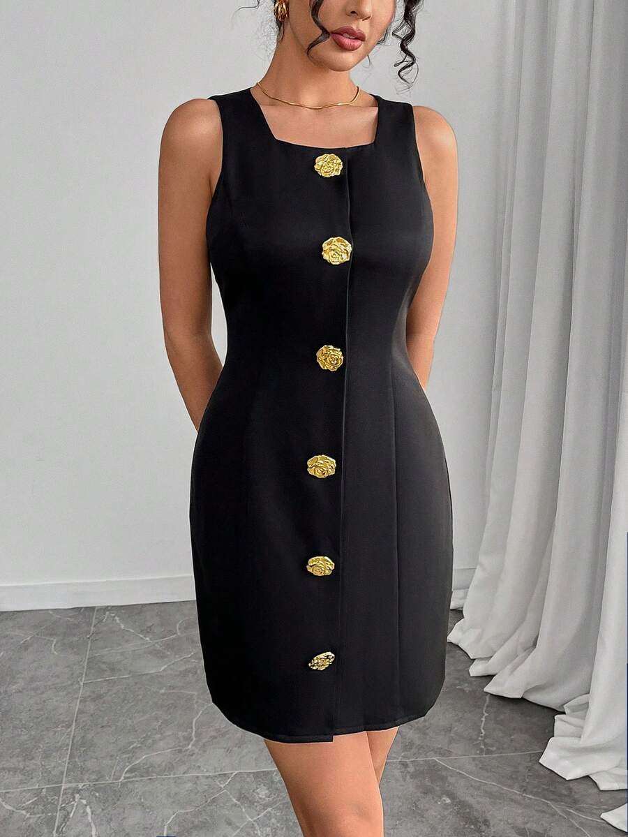 INAWLY Women Elegant Metal Decorative Sleeveless Mini Dress - Black - View 1