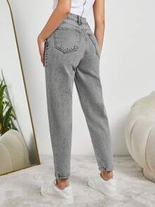 EURMUSE Quần jean cạp cao màu xanh nhạt cho mẹ - Xám - Xem 2