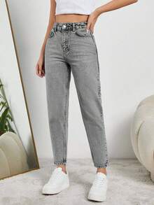 EURMUSE Quần jean cạp cao màu xanh nhạt cho mẹ - Xám - Xem 5