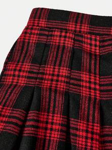 SHEIN Girlism 3 件套青少年女孩黑色连帽拉链运动衫、针织背心和褶皱格子裙，休闲校园/日常装 - 紅色 - 查看 5