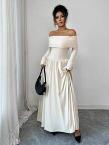 Selianne Women's Elegant Off Shoulder Ruched A-Line Long Sleeve Maxi Dress, Simple Solid Color, Apricot, Autumn/Winter - Apricot - View 6
