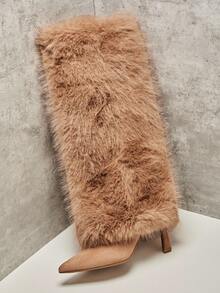 SHUZIA 女士迷人仿皮草及膝侧拉链性感细高跟靴 - 紫紅色 - 查看 7