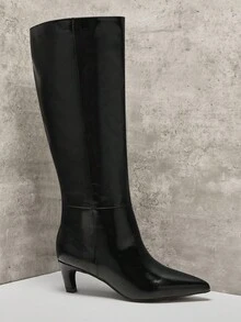 SHUZIA 优雅时尚女式黑色仿皮及膝舒适小猫跟一脚蹬时尚精致假日趣味靴