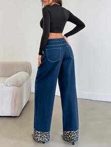 EURMUSE Women's Straight Comfortable Breathable Loose High Rise Wide Leg Jeans With Leopard Print - Dark Wash - View 2