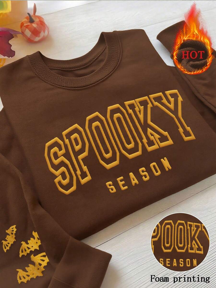 INAWLY Plus Size Halloween Puff Sleeve Sweatshirt, Horror Season Round Neck Sweatshirt, Women Round Neck Bubble Print Halloween Pattern Sweatshirt - Coffee Brown - View 1
