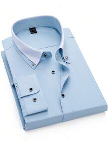 Manfinity Mode Long Sleeve Shirt, Double Layered Collar Design, Rhinestone Button Collar, Fashionable Casual, Suitable For Holidays, Fall - Blue - View 1