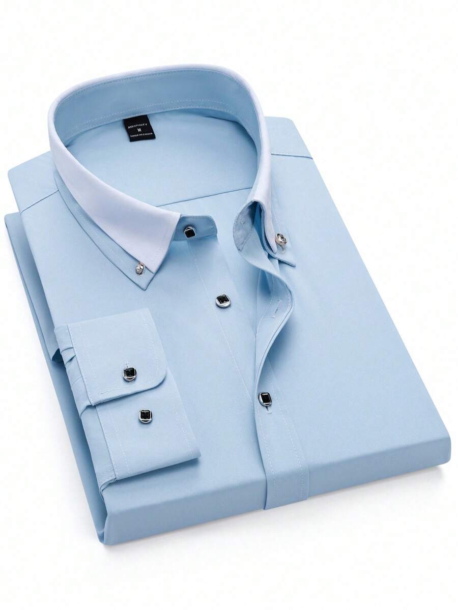Manfinity Mode Long Sleeve Shirt, Double Layered Collar Design, Rhinestone Button Collar, Fashionable Casual, Suitable For Holidays, Fall - Blue - View 1
