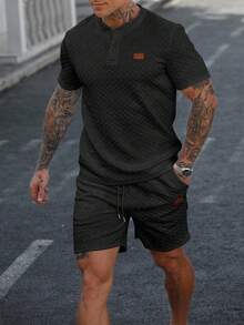 Manfinity Homme Bộ quần áo thun và quần short thời trang đơn giản màu trơn dành cho nam, phù hợp cho trang phục mùa hè dành cho nam Trang phục nam Trang phục nam Quần áo thời trang nam Bộ trang phục nam - màu đen - Xem 5