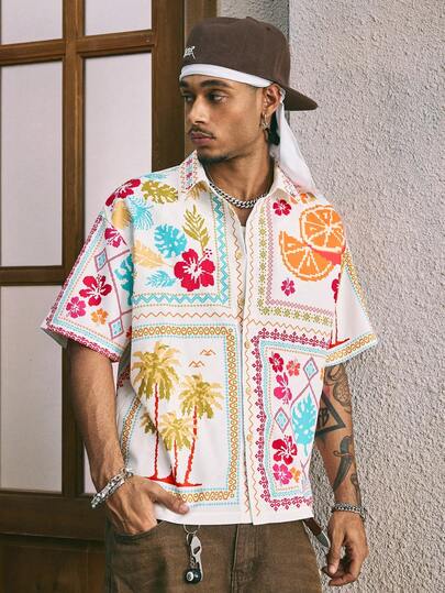 AXEPEAK 时尚街头风格男士花卉印花短袖衬衫