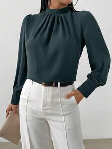 EMERY ROSE Blusa de mujer elegante de unicolor con cuello alto y manga larga - Verde Oscuro - Ver 3