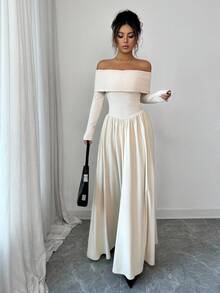 Selianne Women's Elegant Off Shoulder Ruched A-Line Long Sleeve Maxi Dress, Simple Solid Color, Apricot, Autumn/Winter - Apricot - View 5
